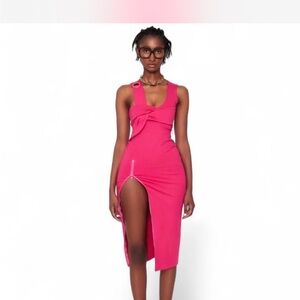Twist-Front Hot Pink Midi Dress with High Side Slit